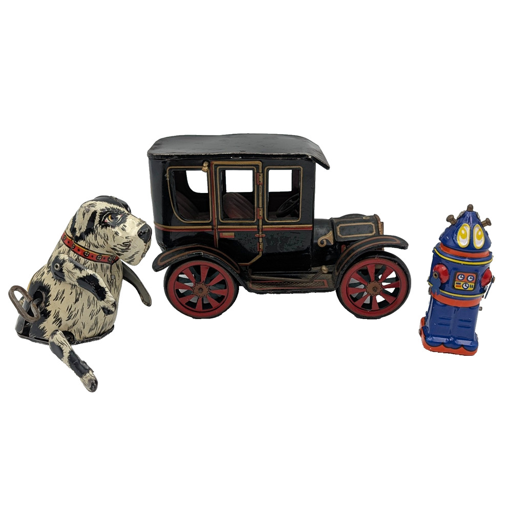 VTG Lot 3 Tin Litho Toys Marx Flipo Dog Friction Model T Car Blue Walking Robot